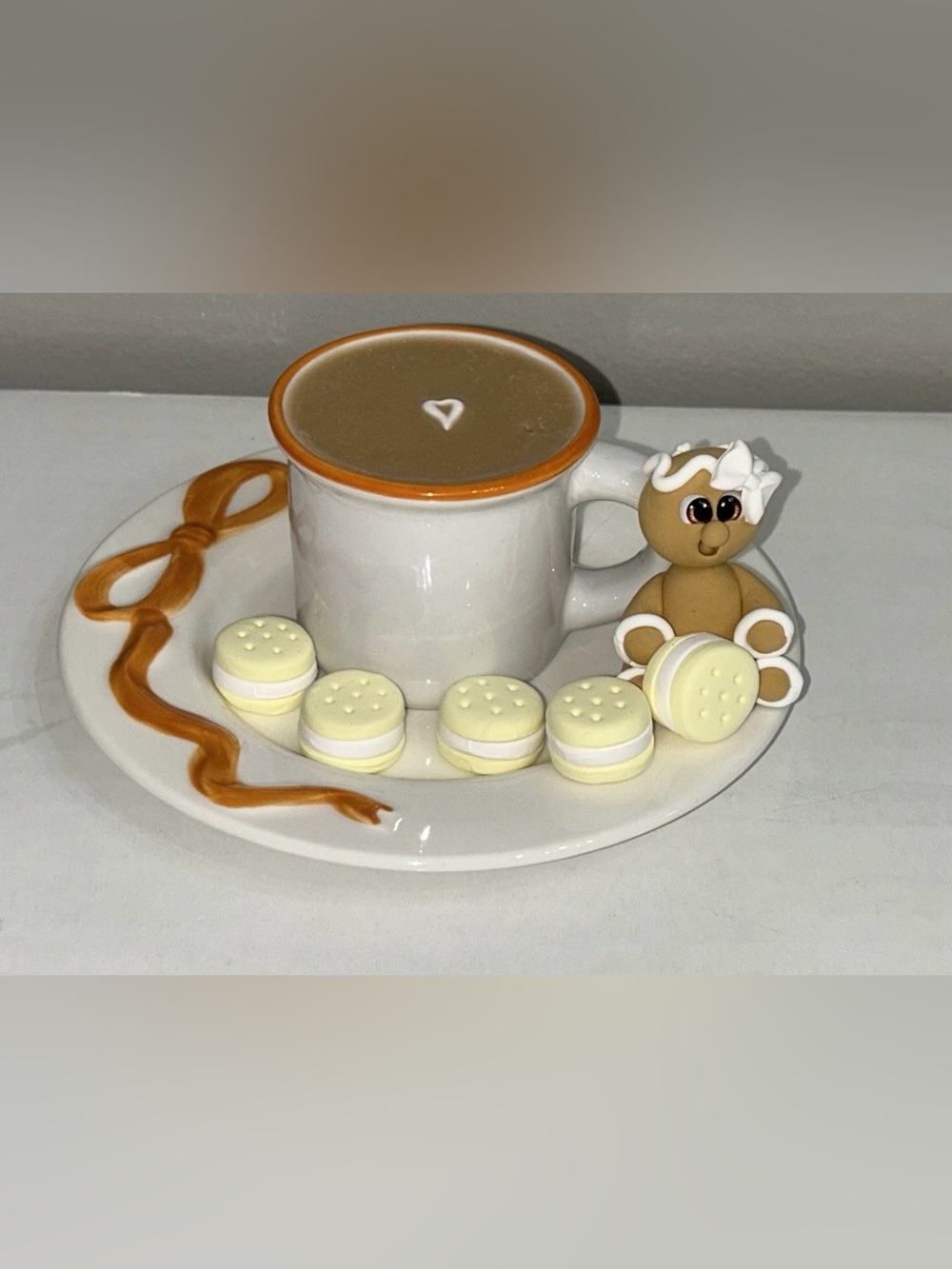 Fake Gingerbread Coffee  & Cookies Ceramic Cup & Saucer Set Display Handmade